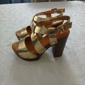 Bamboo Gold Platform Block Heel Sandals - Women's Strappy Buckle Heels